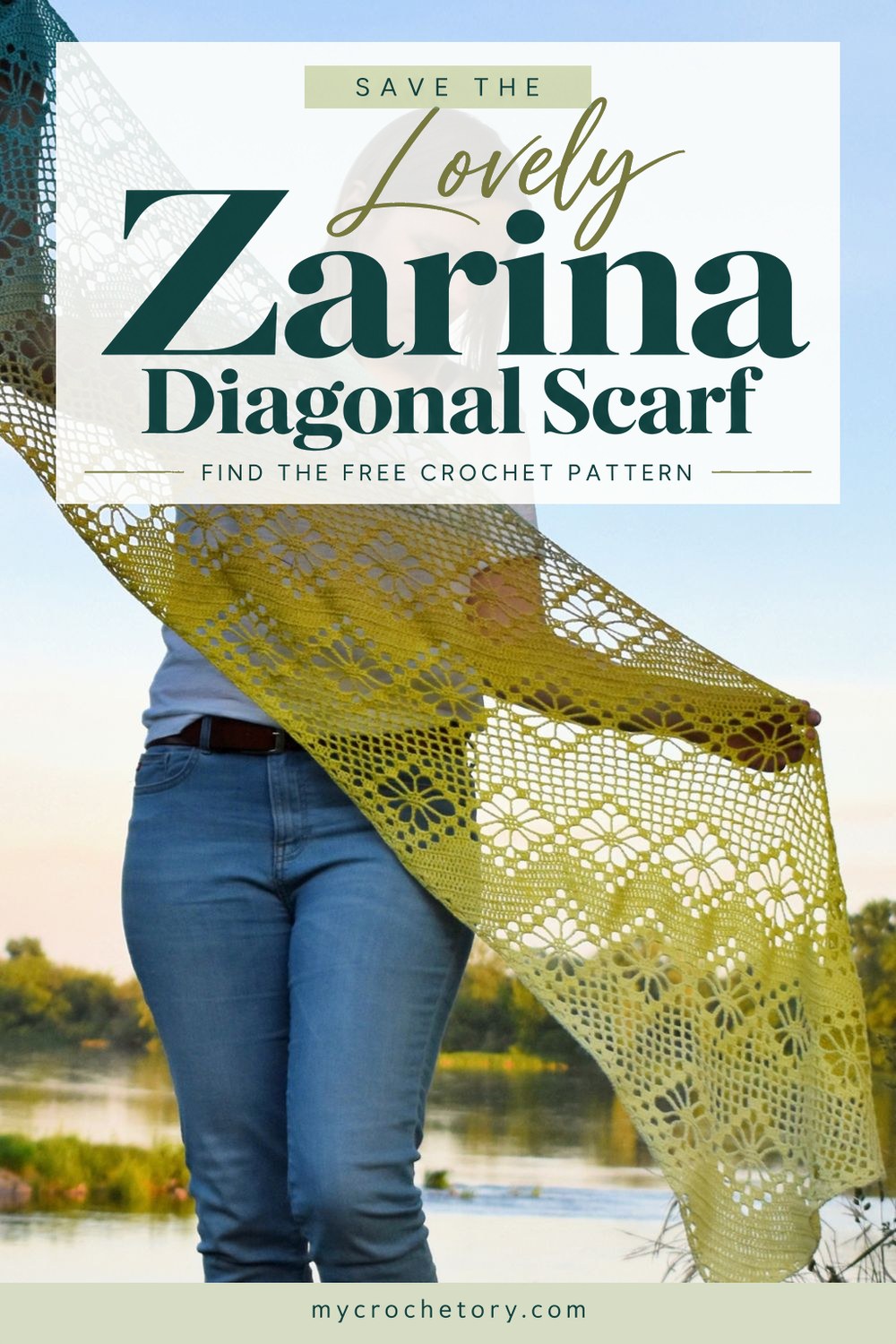 Zarina Diagonal Scarf pin, a free corner to corner crochet scarf pattern in yellow and teal